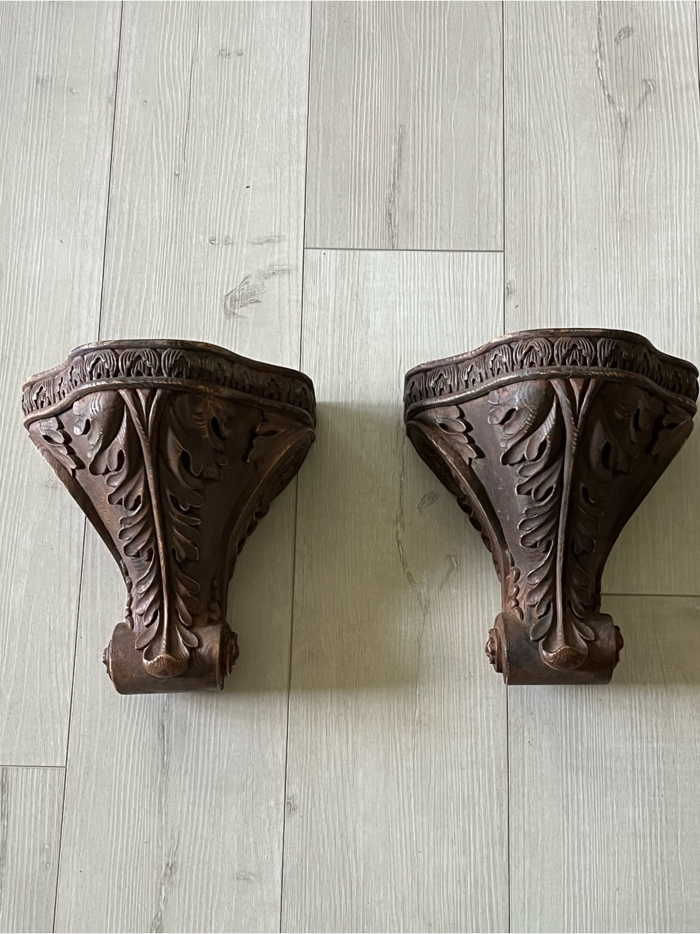 Ornate Brown Carved Wall Brackets / shelf, A Pair